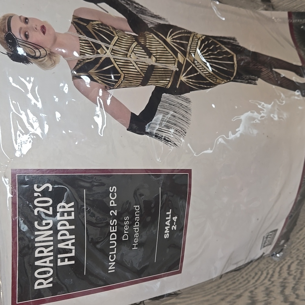 Roaring‎ 20s Flapper Costume Set Black Gold Art Deco Dress Headband Small 2-4